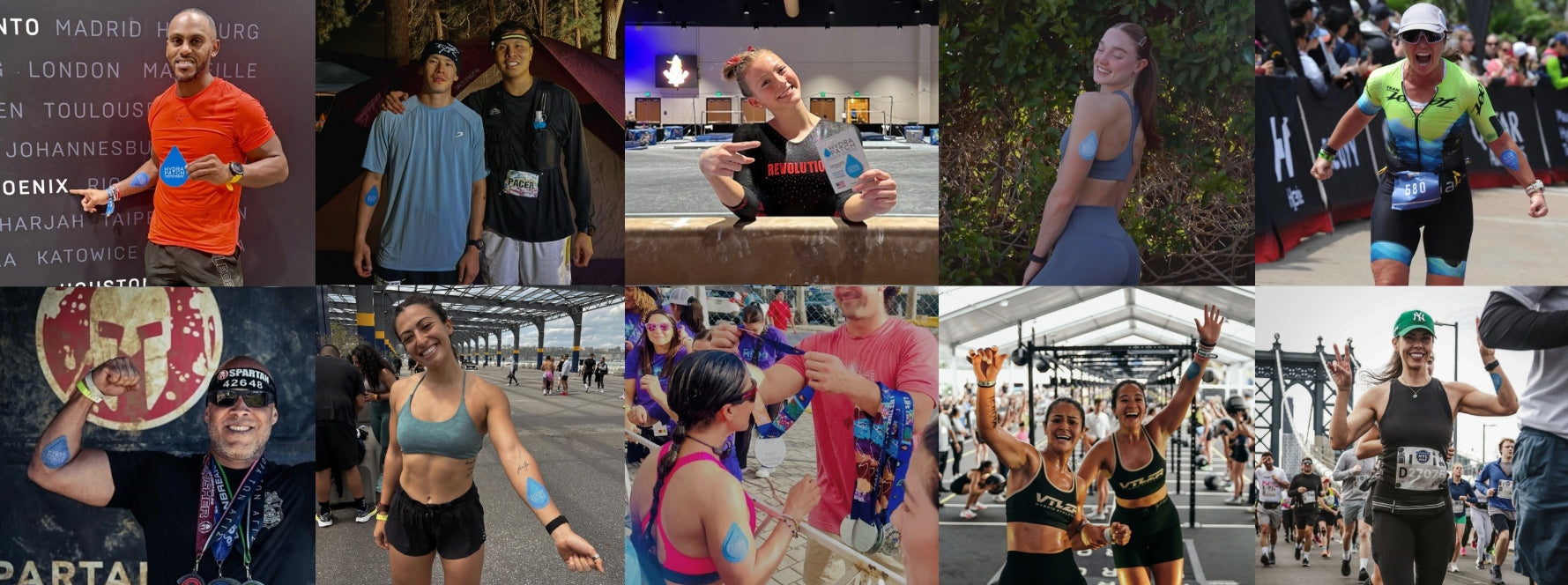Collage of runners at a race event with various poses and outfits.