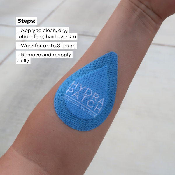 A blue teardrop-shaped HYDRA PATCH hair removal sticker applied to a person's forearm, with white text boxes outlining usage steps on a light tiled background.