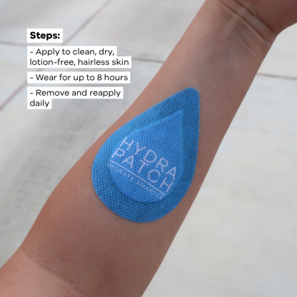A blue teardrop-shaped HYDRA PATCH hair removal sticker applied to a person's forearm, with white text boxes outlining usage steps on a light tiled background.